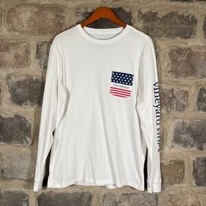Vineyard Vines Men's Long Sleeve T-Shirt White‎ American Flag Logo Size Medium